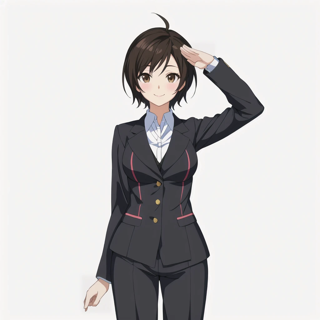 Highest quality, high resolution, High quality anime art style, Official Art, Smooth anime CG art, Stylized anime, Visual Novel Sprites, White background, whole body, Anime-style 3D, Smooth anime CG art, humanoid woman, JRPG Characters, Anime woman in a business suit, Saluting with left hand, smile, Brown eyes, Black Hair, short hair, Age 25
