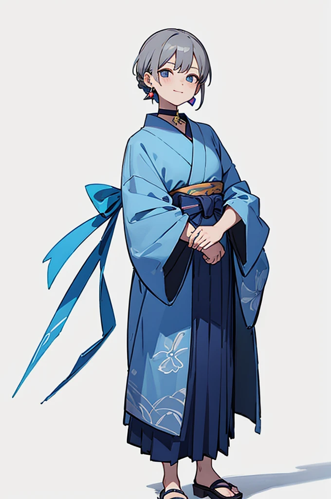 Blue Yukata、Gray Hair、Mischievous face、Choker on neck、Big earrings、Arms crossed、Only the mouth is smiling、Straw sandals、Choker on right leg(whole body、Are standing、、White background)
