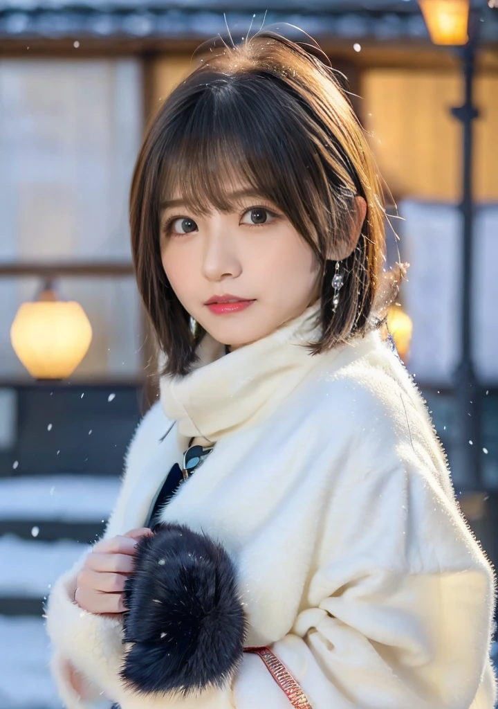 Blue Eyes、Holding a kitten、Photo from the waist up、Night city illumination shot、Cowgirl Shot、Fur coat、豪華なグレーのミンクのFur coat、Wear fine leather boots、Luxury Bags、Inner turtleneck、Silver necklace and small silver earrings Millionaire style:1.4))、Full body photo、smile、 Caustics、Highly detailed photos、Very beautiful woman 、Ample breasts、No makeup、(8K、RAW Photos、Highest quality、masterpiece:1.2)、(Realistic、Realistic)、1 Girl、((Medium Short Hair、Midwinter、Cold region Snow falling、The wind is blowing、Fluttering Hair、Blur the background、Colorful illuminations、Looking into the camera:1.4))、