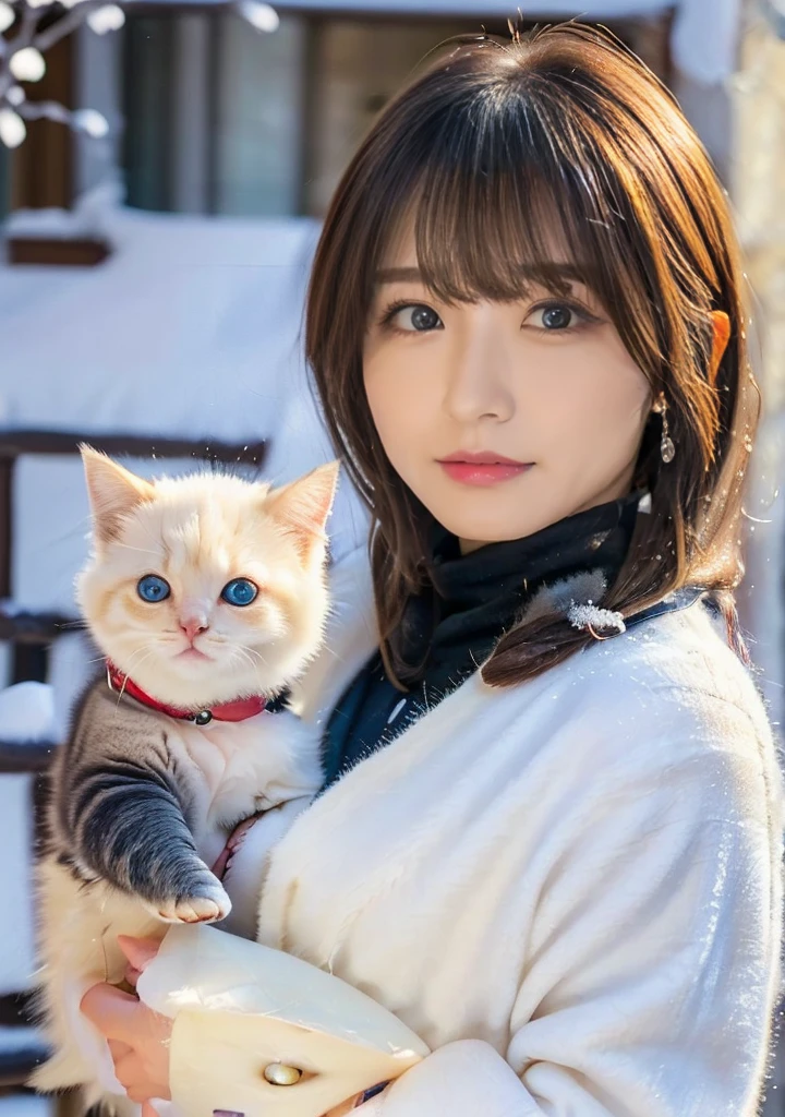 Blue Eyes、Holding a kitten、Photo from the waist up、Night city illumination shot、Cowgirl Shot、Fur coat、豪華なグレーのミンクのFur coat、Wear fine leather boots、Luxury Bags、Inner turtleneck、Silver necklace and small silver earrings Millionaire style:1.4））、Full body photo、smile、 Caustics、Highly detailed photos、Very beautiful woman 、Ample breasts、No makeup、(8K、RAW Photos、Highest quality、masterpiece:1.2)、(Realistic、Realistic)、1 Girl、((Medium Short Hair、Midwinter、Cold region Snow falling、The wind is blowing、Fluttering Hair、Blur the background、Colorful illuminations、Looking into the camera:1.4))、
