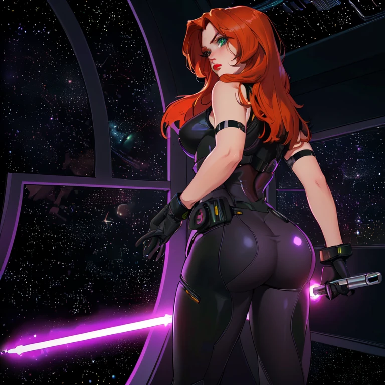 Digital Art, masterpiece, ultra-detailed, physically-based rendering, vintage science fiction, Star Wars based environment, extremely detailed face, long eyelashes, (Mara Jade), Mara Jade Skywalker, long orange hair, bright green eyes, red lipstick, attractive body, athletic figure, bubble butt, round ass. She's looking at the camera with a disgusted and irritated expression, mouth closed, teeth, looking from behind, body facing the window. ((Wearing: a black suit, the suit is shiny and glossy, the suit is so tight that it perfectly showcases the tight roundness of her hips and buttocks in the suit. Brown leather straps, black gloves)). Upper body shot, back view, ass view. She holding a purple lightsaber. Background: Indoors, space station, window, view of outer space, stars
