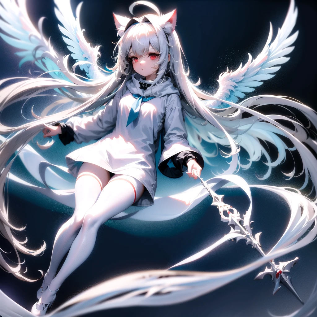 masterpiece, highest quality, highest resolution, clear_image, detailed details, White hair, long hair, cat ears, 1 girl, red eyes, white hoodie, black pantyhose, white scarf (white scarf around the neck with a light blue glow), gray futuristic halo (gray halo over the head), white wings (6 wings), cute, full body, no water marks, snow, city