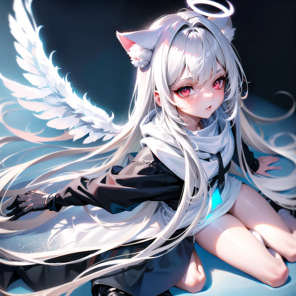 masterpiece, highest quality, highest resolution, clear_image, detailed details, White hair, long hair, cat ears, 1 girl, red eyes, white hoodie, black pantyhose, white scarf (white scarf around the neck with a light blue glow), gray futuristic halo (gray halo over the head), white wings (6 wings), cute, full body, no water marks, snow, city