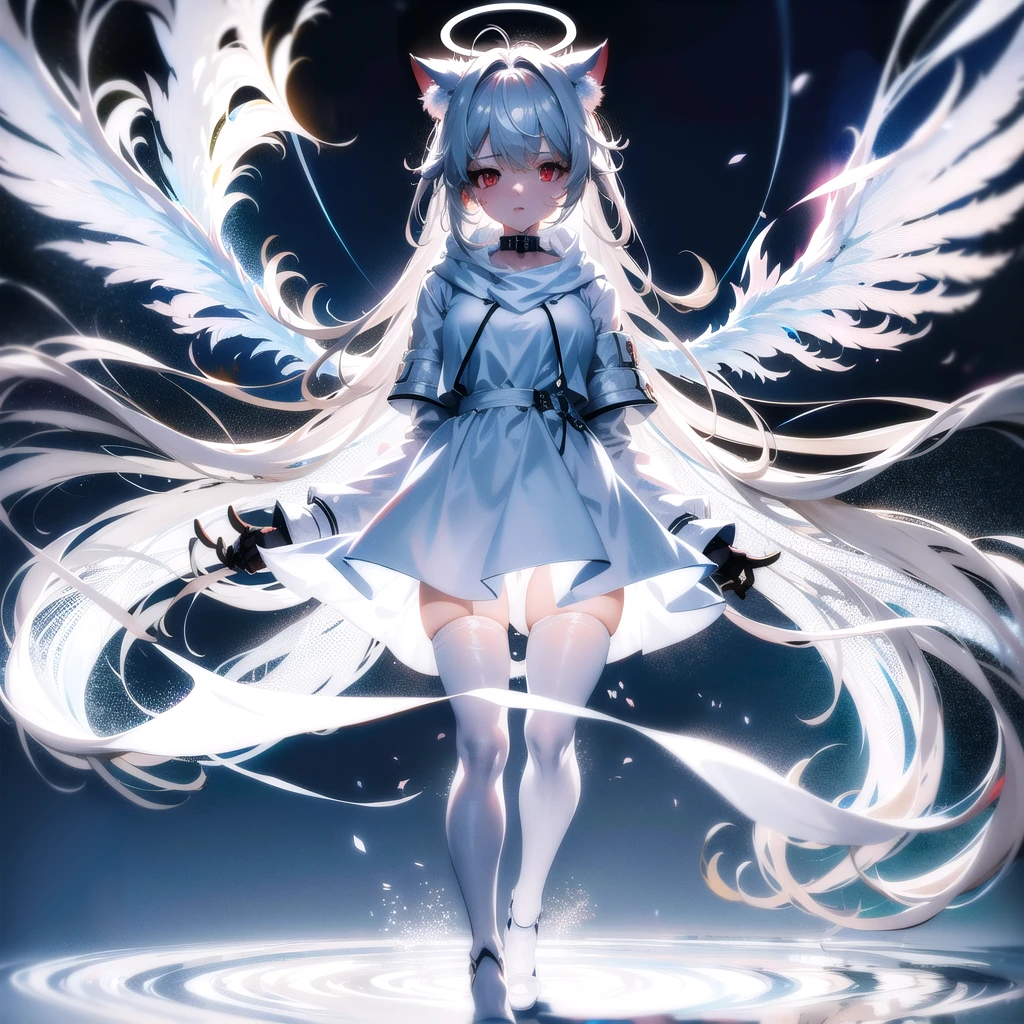 masterpiece, highest quality, highest resolution, clear_image, detailed details, White hair, long hair, cat ears, 1 girl, red eyes, white hoodie, black pantyhose, white scarf (white scarf around the neck with a light blue glow), gray futuristic halo (gray halo over the head), white wings (6 wings), cute, full body, no water marks, snow, city
