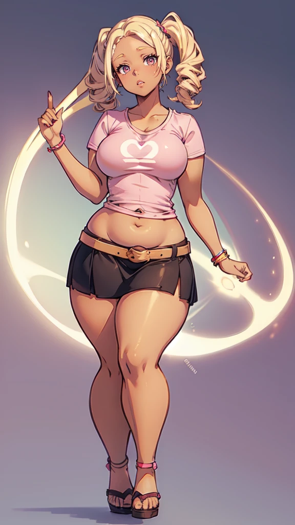 blank background, (((full body))), (masterpiece), ((best quality)), flat chest, short twintail, (curvy:1.8), (very short skirt), sandals, belt below navel, blonde, (pink tshirt), (dark skin)