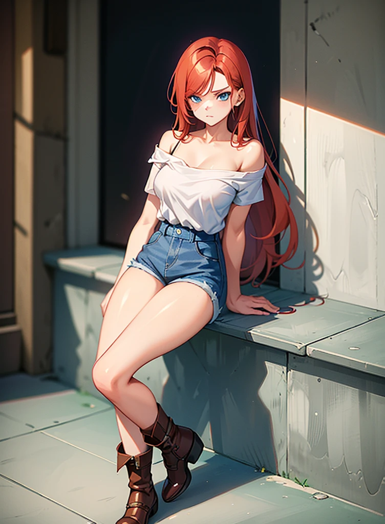 18 year old young girl, long haired redhead with blue eyes, Short white off-the-shoulder shirt, bright blue short jean shorts, serious look, sexy, short brown boots with white