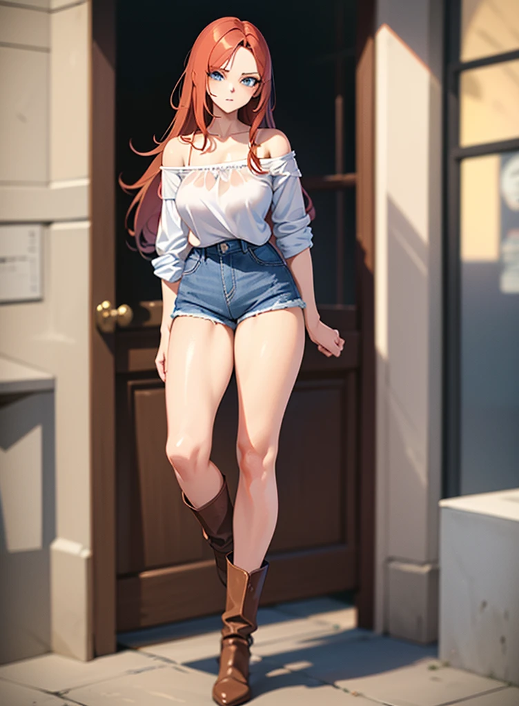 18 year old young girl, long haired redhead with blue eyes, Short white off-the-shoulder shirt, bright blue short jean shorts, serious look, sexy, short brown boots with white