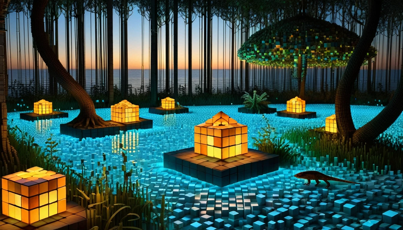 An enchanted forest made up of RAL-3D cubes, Surrounded by the fantastic light of fireflies ,The wide sea is nearby,There are lots of small lizards,so beautiful,There are many small lizards living here