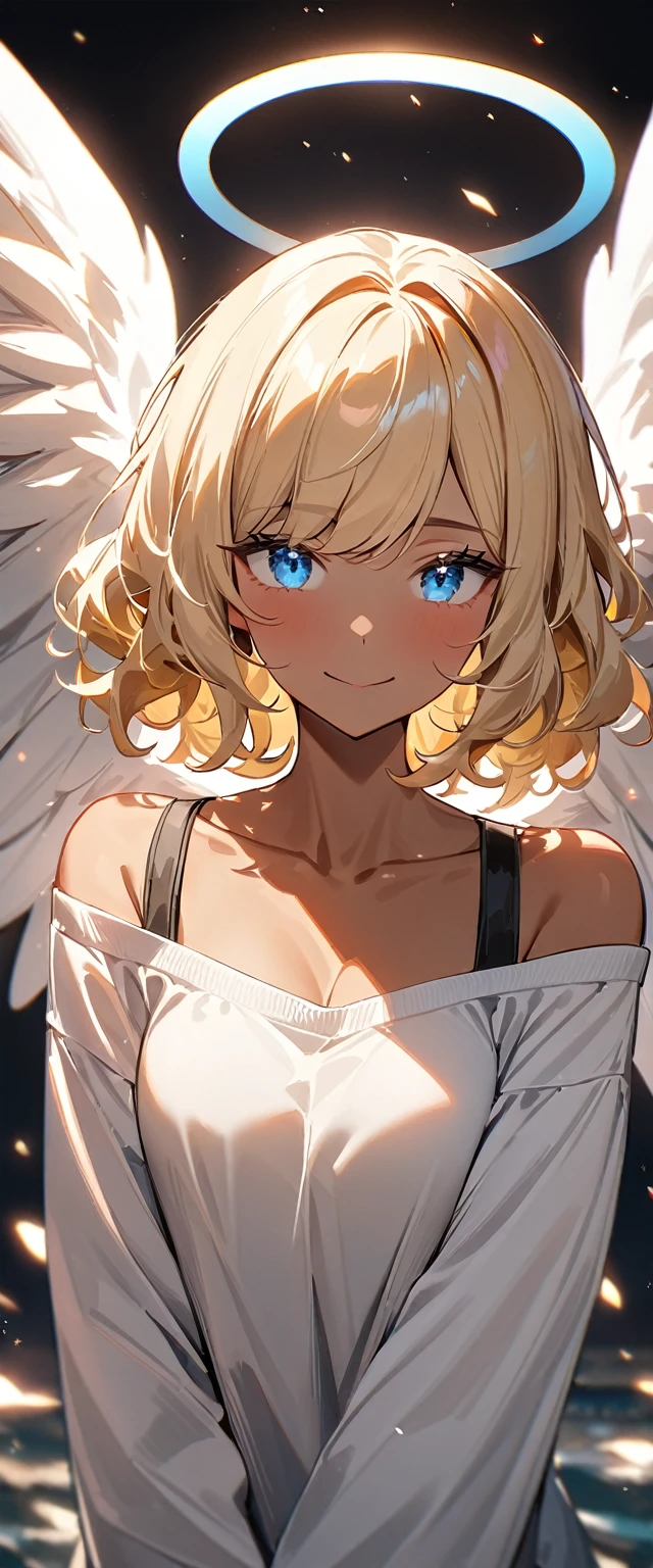 (((One girl))), full wing, ((tanned skin)), flying in the sky, upper body, ((angel, big big white wings:1.2, halo:1.3)), ((wavy hair)), evening, Sunset, sea, beach, ((blond hair, bob cut:1.3)), big breasts, teenager, (looking at viewer), oversized clothes, puffy long sleeves, collarbone, ((off-shoulder sweater dress:1.3, Quite thick shoulder straps)), (((sleeves past wrists:1.3))), ((white sweater)), collarbone, head tilt:1.3, (((blue eye))), ((happy smile)), (((anime style))), (best quality, 4K, 8K, highres, masterpiece:1.2, ultra-detailed, ultra-detailed eyes, HDR, uhd, studio lighting, ultra-fine painting, sharp focus, physically-based rendering, extreme detail description, professional, vivid colors, bokeh), ((Highest quality, Best image quality, Ultra-high resolution, Ultra-high resolution, solo, Strong eye highlights)), Depth of written boundary, Natural soft light, attractive, Beautiful Face, Cleanliness, Pure Face, medium chest, Beautiful Face, Perfect Fingers, Perfect hands, Perfect body, Perfect Face, Shine a light into your eyes, Perfect Anatomy