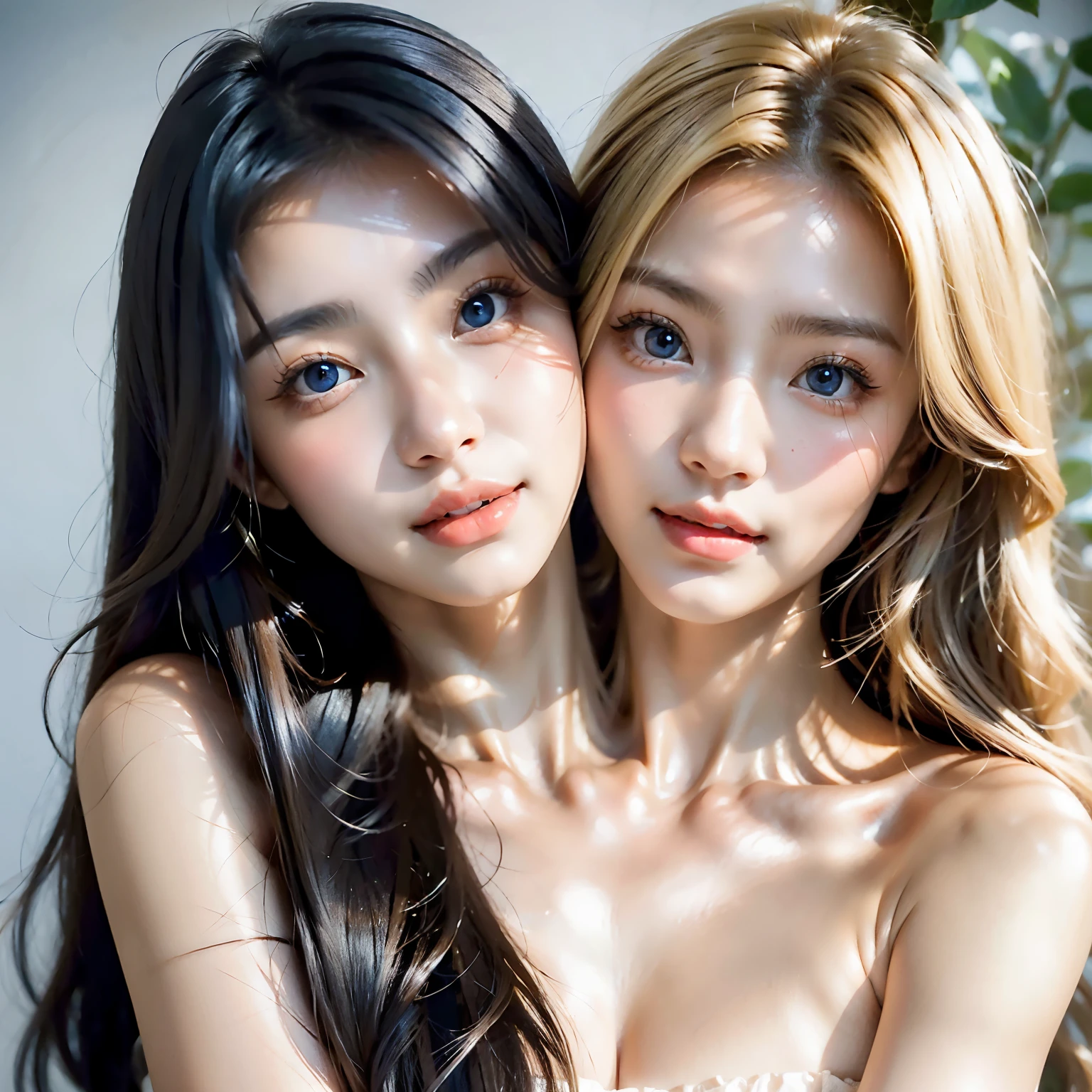 bestresolution, (2heads:1.3), asian girl next to british caucasian girl, black hair, blonde hair, blue eyes