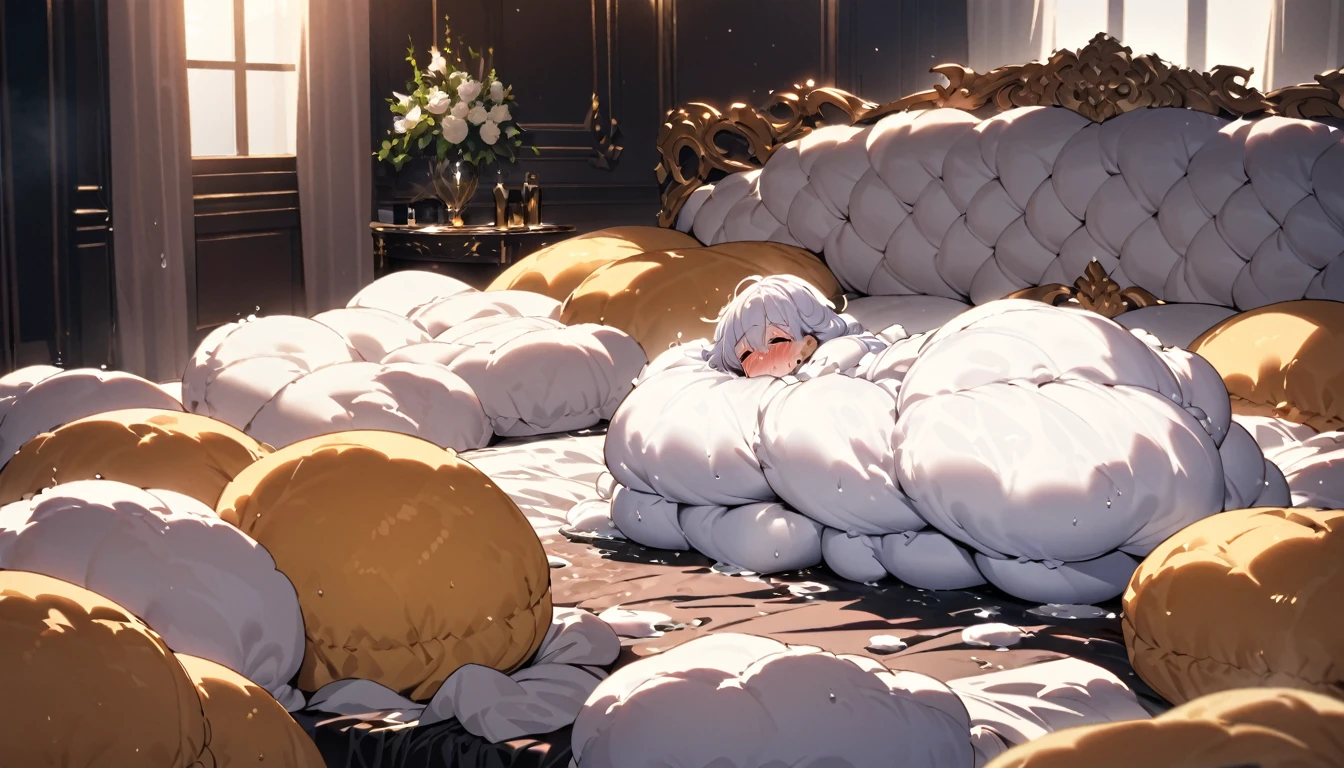 Lots of giant silk pillows. Princess. Blushing. Drooling. cry. ?????. Sweaty. Luxury bed. White chocolate sauce splattered generously