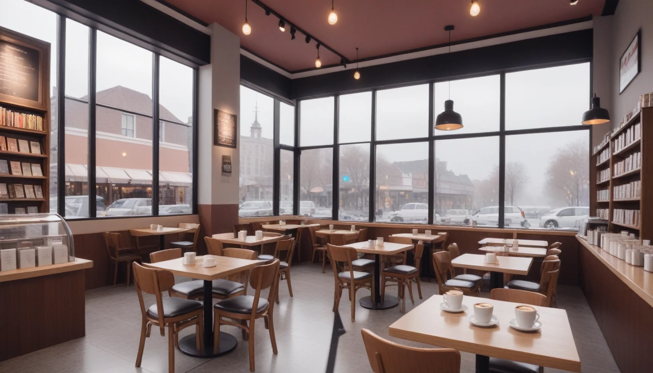 cloudy afternoon, frontal shot coffee shop interior, tables with books and coffee cups, and a big square window in the center
