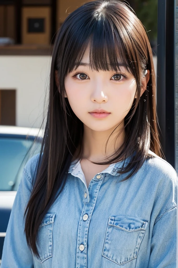 Japanese girl in her 20s、With bangs、long black hair、Staring、Front face