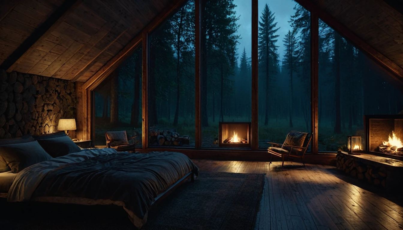 dimly lit bedroom with fireplace and wood burning bed, large windows to the forest at night, beautiful and cinematic lighting, cozy place, cryengine render 8 k, cabin in the forest, minimalist pyramid room shape, pyramid glass, very forest background dark, lots of column windows, dark, pillows and blankets, large windows, minimalist windows, lots of boxes, minimalist windows facing the forest, quiet night. the picture is original, rainy night. original rendering, stunning, rainy night, gloomy, dark gloomy cinematic lighting, atmosphere, landscape, vast forest, moody, dramatic lighting. cinematic, cinematic, atmospheric shots, gloomy weather. hyperrealistic, atmospheric rendering, rainy night, huge gloomy forest, cinematic,