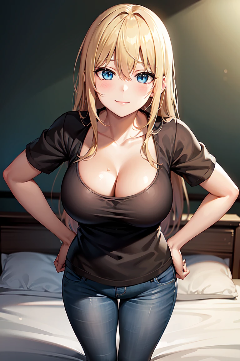 lautreamont silvia, blonde long hair, hair between eyes, light blue eyes, big , short sleeves plunge tee, , tucked in, blue jeans, blushing, closed mouth, smile, masterpiece, 8K, HD, perfect face, high quality, best quality, extremely detailed eyes, extremely detailed body, highly detailed, expressive eyes, high res, 1girl, solo, knee length shot, front view, looking at viewer, body facing viewer, pov shot, slightly from above, standing up, straight posture, hands on hips, bedroom