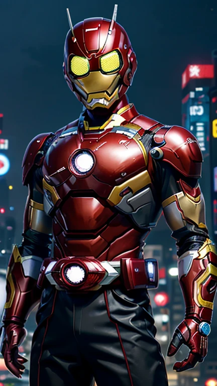 (8k),(masterpiece),(Japanese),(8-year-old boy),((innocent look)),((Childish)),From the front,smile,cute,Innocent,Kind eyes,Flat chest, red helmet, yellow domino mask,Iron Man,Bald,No Hair, Henshin Pose,night,dark, Neon light cyberpunk city,Kamen rider,camisa