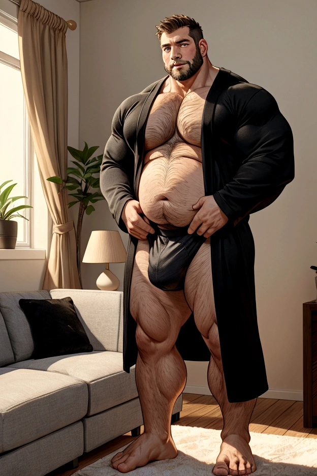 40 years old white Male, tall, giant body, handsome, dad bod, beefy, strong arms and legs, wide shoulders, a bit chubby muscle gut, a bit of fat but still very muscular, extremely hairy, a lot of body hair, short beard, wearing an untie black bathrobe with long sleeves, wearing a black boxer brief, unrealistic oversized big bulge, barefoot, smirking, modern minimalist living room