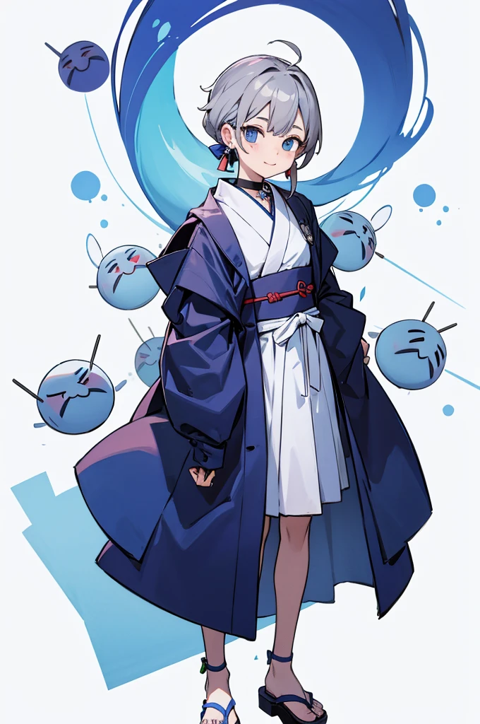 Blue Yukata、Gray Hair、Mischievous face、Choker on neck、Big earrings、Arms crossed、Only the mouth is smiling、Straw sandals、Choker on right leg(whole body、Are standing、、White background)