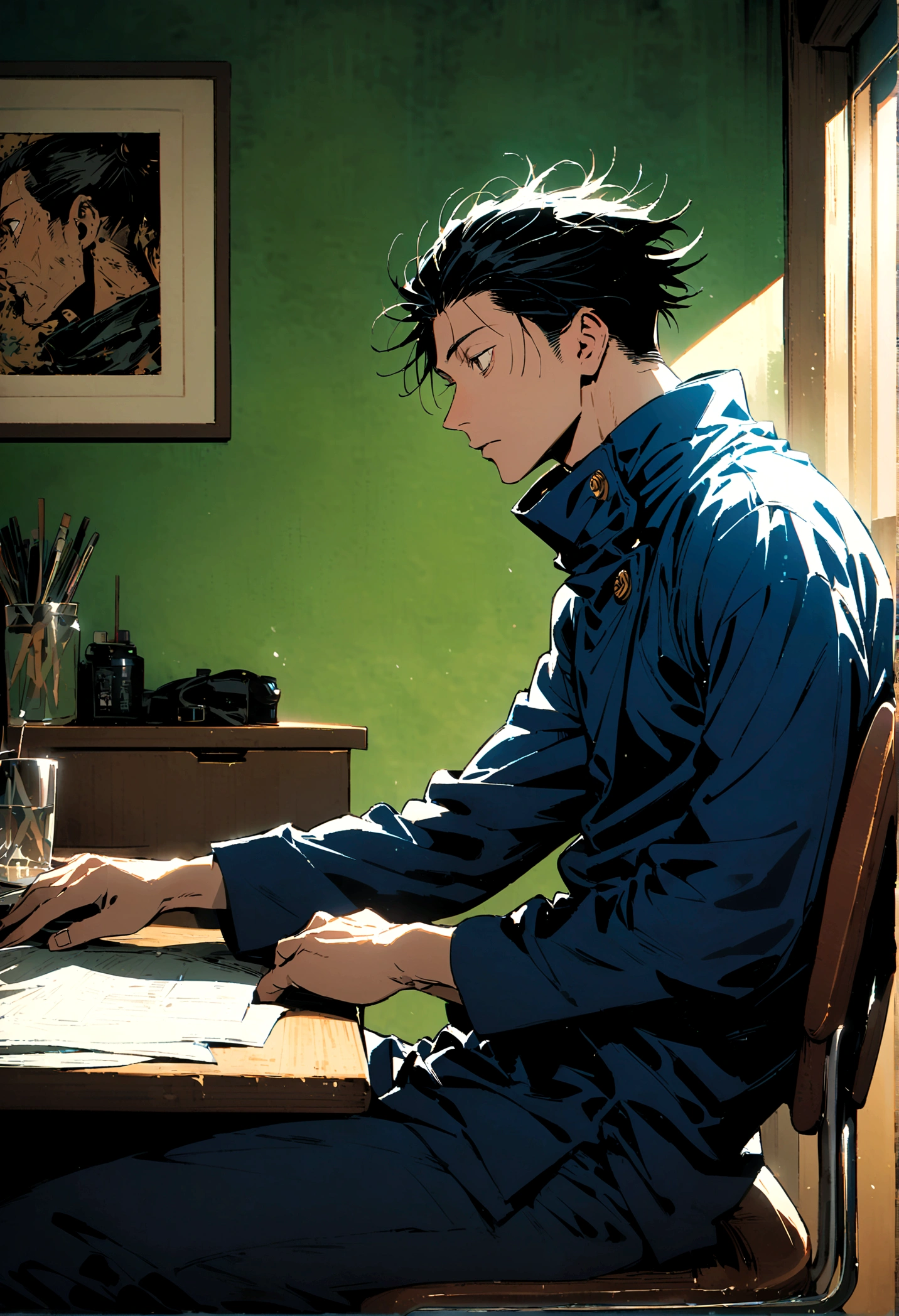 (1 guy,jujutsu kaisen), flat black hair, sitting in a chair and infront of a desk, artwork