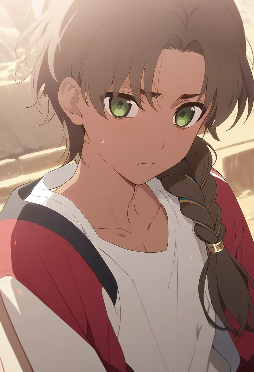 Masterpiece, Best quality, high resolution, high quality, 1 boy, Solo, male focus, looking at viewer, Upper body, anime, 15 year old, Egyptian descent, very handsome, very feminine looking, tanned skin, Slanted green eyes, long brown hair in a braid, sad expression, a white V-shirt and a red jacket.