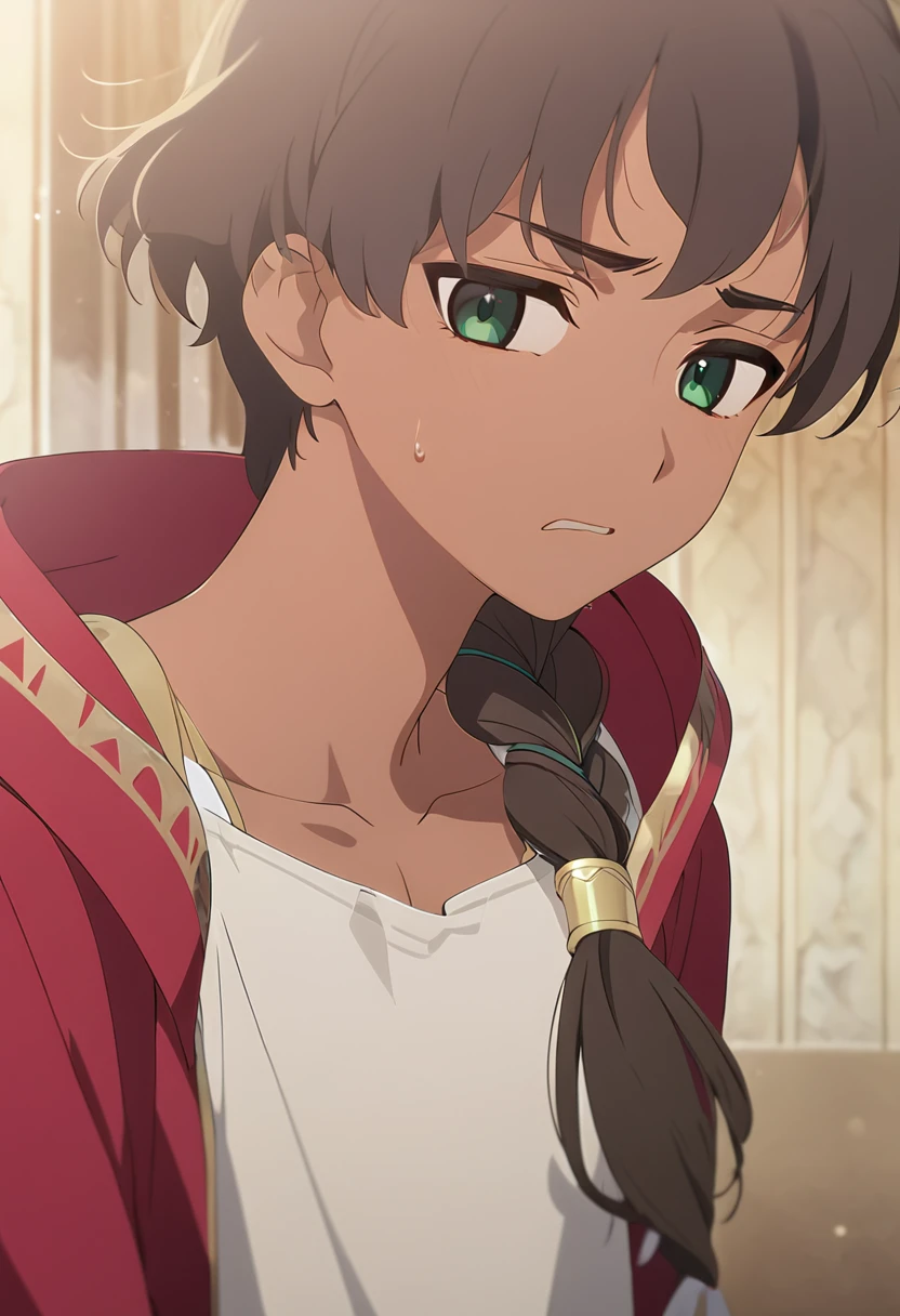 Masterpiece, Best quality, high resolution, high quality, 1 boy, Solo, male focus, looking at viewer, Upper body, anime, 15 year old, Egyptian descent, very handsome, very feminine looking, tanned skin, Slanted green eyes, long brown hair in a braid, sad expression, a white V-shirt and a red jacket.