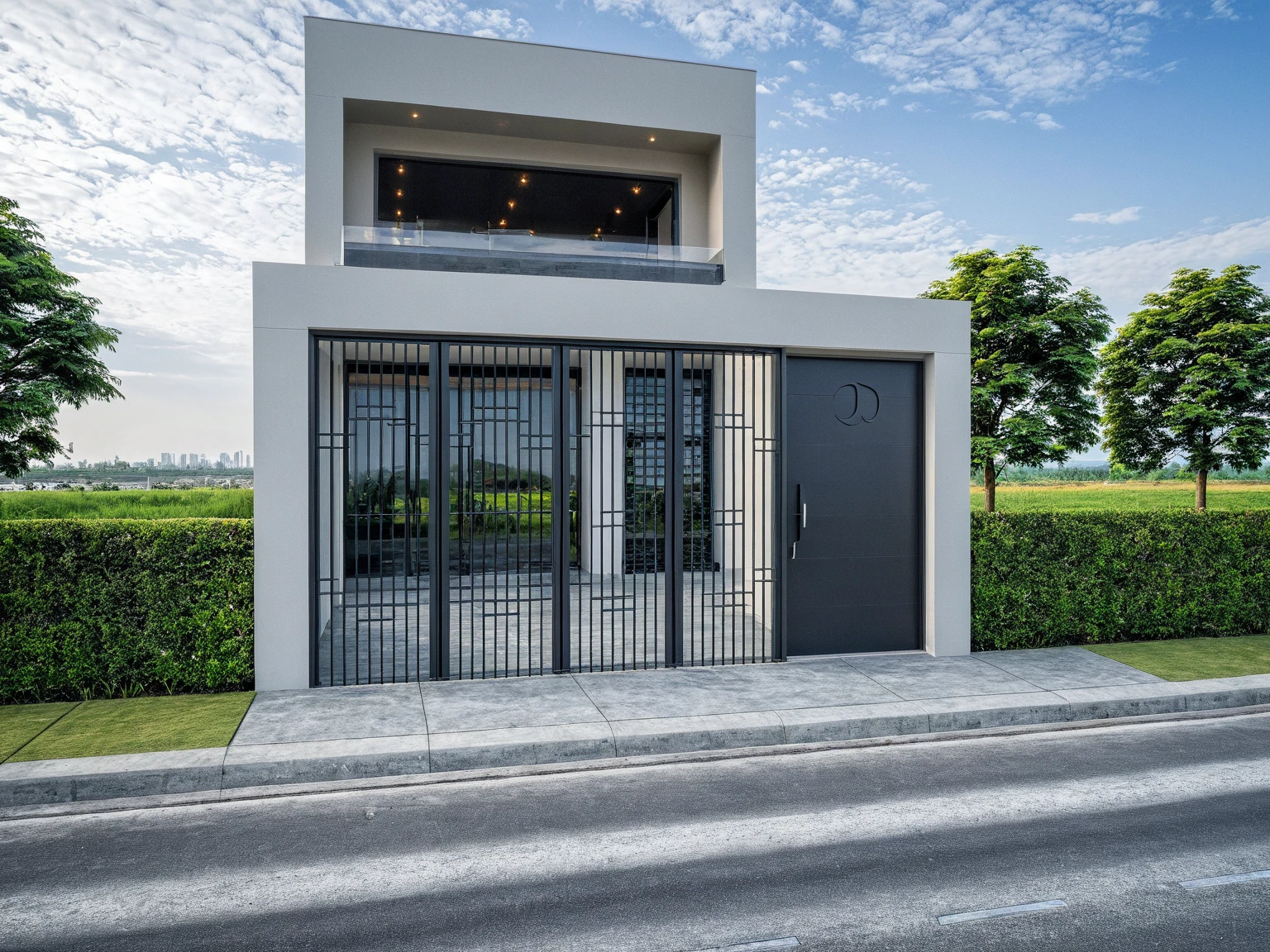 Raw photo, masterpiece, high quality, best quality, realistic, super detailed, outdoor, " 2-storey house " , modern Mezzanine house style, (white wall), curved wall facade, aluminum interior door glass, curved planter, gray tiled accent wall, gray iron box exterior gate, road, sidewalk, grass, trees, sky, clouds, (daylight):1.1)