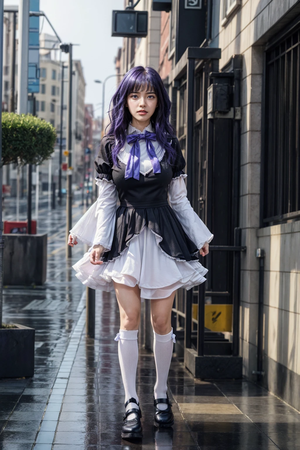 (masterpiece),best quality, frederica bernkastel,dress,  tail bow, cat tail, bowtie, purple eyes, purple hair,mary janes,  socks,  blank eyes, empty eyes,  (raining day:1.2), cloud, street, sidewalk, wet clothes, photorealistic, ((16k photography)), detailed face, ((Best Quality, Masterpiece: 1.3)), Sharp Focus: 1.2, A Beautiful Woman with Perfect Figure: 1.4, Slim Abs: 1.2, (Layered Hairstyle,: 1.2)), Rain: 1.3, Street: 1.2, Wet Body: 1.1, Highly Detailed Face and Skin Texture, Detailed Eyes, Double Eyelids, Big Breasts, Smile, irene1, CGI photography hyper realistic