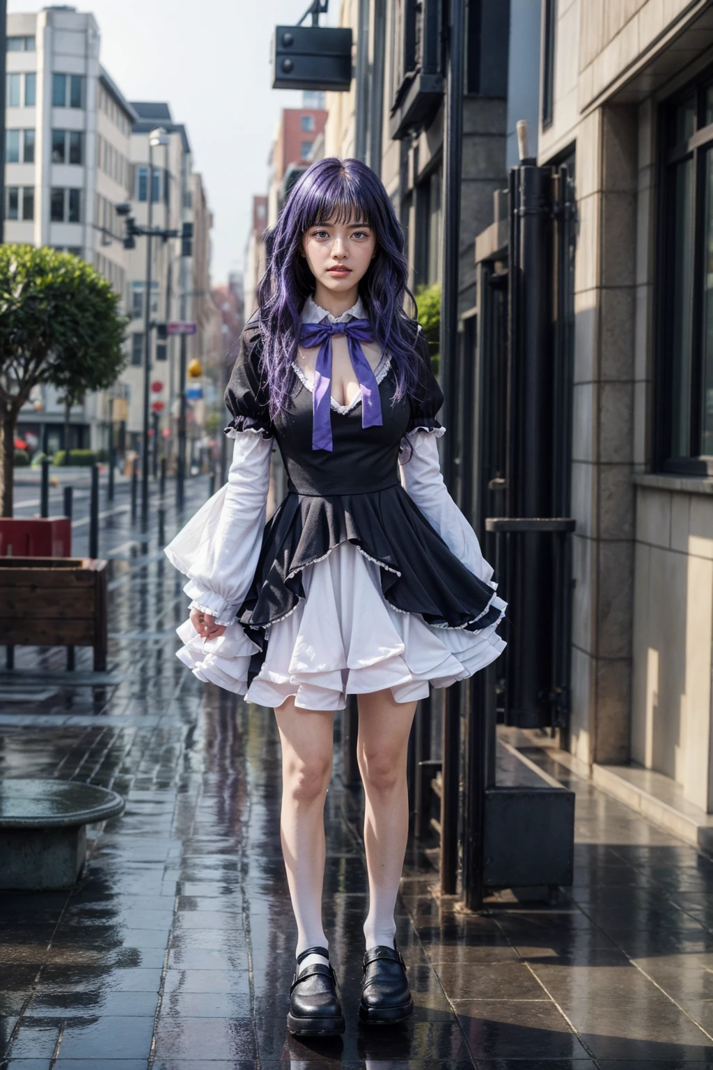 (masterpiece),best quality, frederica bernkastel,dress, tail bow, cat tail, bowtie, purple eyes, purple hair,mary janes, socks, blank eyes, empty eyes, (raining day:1.2), cloud, street, sidewalk, wet clothes, photorealistic, ((16k photography)), detailed face, ((Best Quality, Masterpiece: 1.3)), Sharp Focus: 1.2, A Beautiful Woman with Perfect Figure: 1.4, Slim Abs: 1.2, (Layered Hairstyle,: 1.2)), Rain: 1.3, Street: 1.2, Wet Body: 1.1, Highly Detailed Face and Skin Texture, Detailed Eyes, Double Eyelids, Big Breasts, Smile, irene1, CGI photography hyper realistic