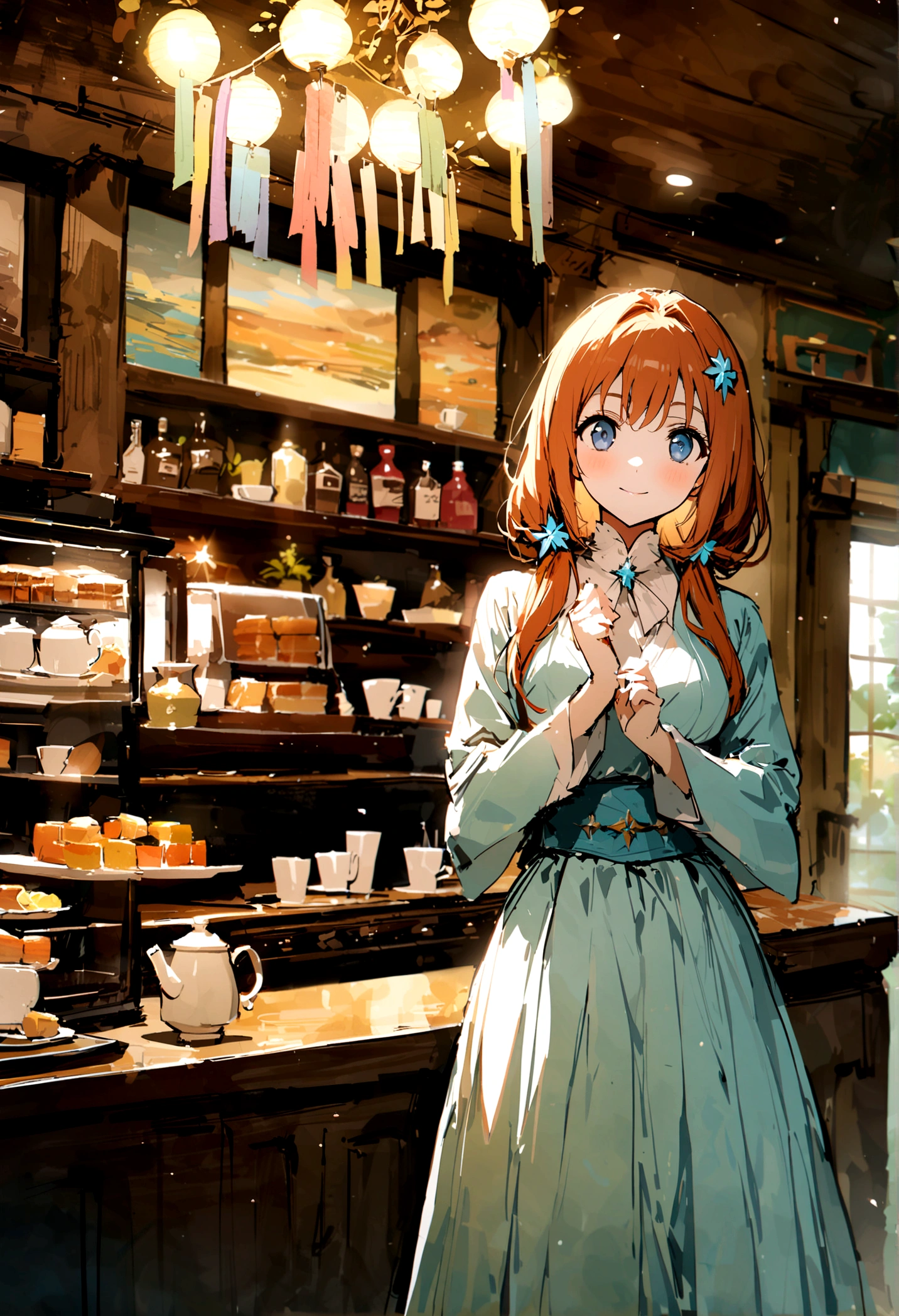 masterpiece,highest quality,ultra-detailed,high-definition background,8K,hi-res,high quality,BREAK,Cafe with a nice atmosphere、Antique interior、Stylish interior,girl, japanese manga style, sketch, Watercolor Colors.Tanabata.milky way、((Orihime and Hikoboshi:1.5))、A radiant smile、Smile、Star of the sky