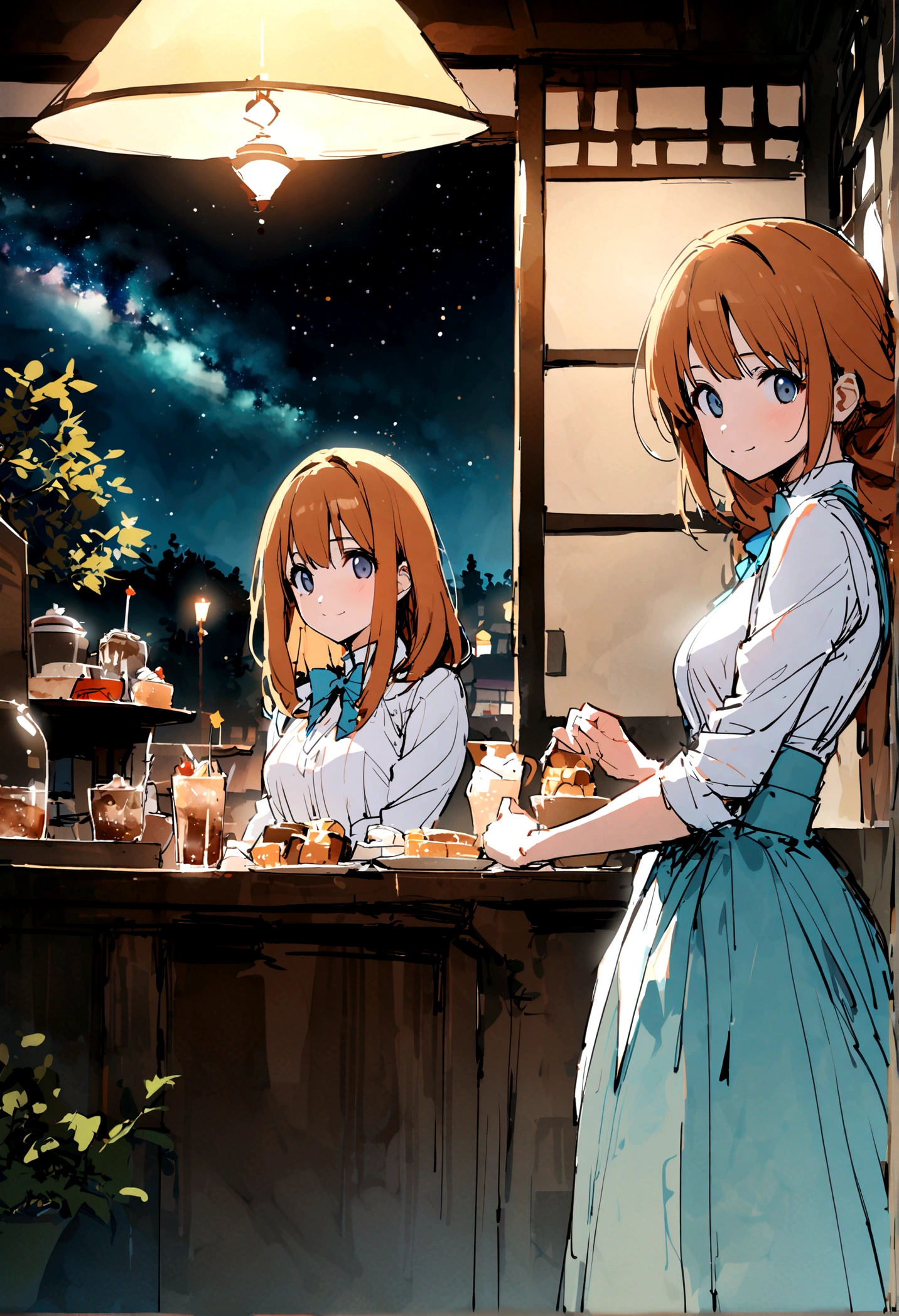 masterpiece,highest quality,ultra-detailed,high-definition background,8K,hi-res,high quality,BREAK,Cafe with a nice atmosphere、Antique interior、Stylish interior,girl, japanese manga style, sketch, Watercolor Colors.Tanabata.milky way、((Orihime and Hikoboshi:1.5))、A radiant smile、Smile、Star of the sky