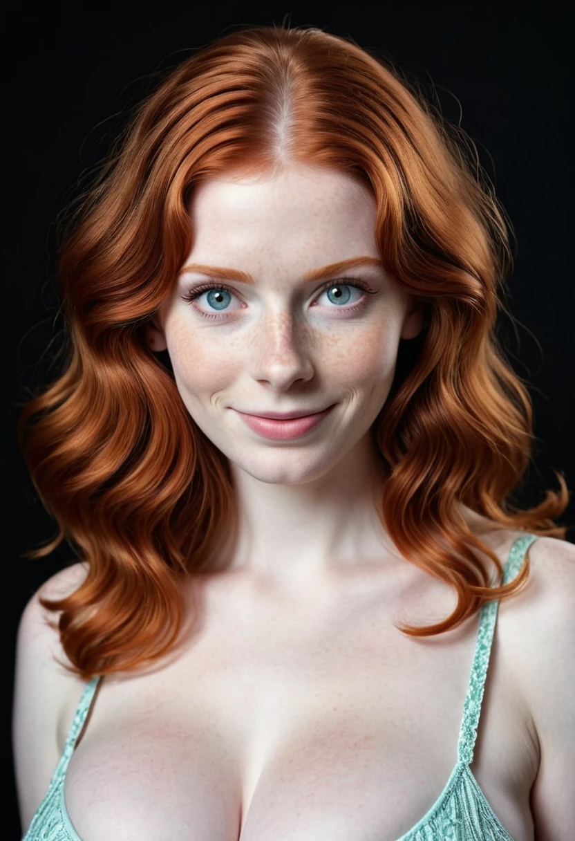 (highly detailed:1.3), (vivid_flowing_ginger_hair in a 1960s_hairstyle:1.3), (perky_gigantic_breasts:1.4),  (very_pale_realistic_glossy_skin_with_imperfections:1.1), (18 yo girl) with a strikingly beautiful_youthful_face looking intensely at viewer, photorealistic, dark studio with a (black_background),smile with (flawless_white_teeth:1.4),(thin waist and big boobs:1.2), intricate details, 35mm photograph, fujifilm, RAW, 16k