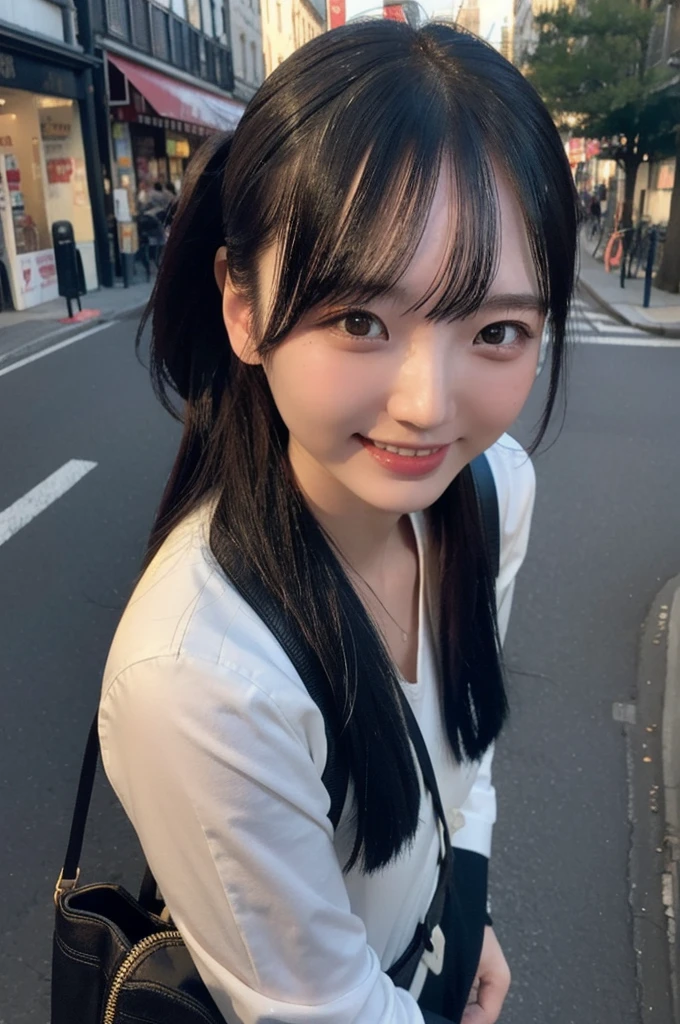 Candid photo of yurayura_yuuura,  with captivating
eyes, smiling amidst a bustling city, upper body
framing, in a street photography setting, golden hour
lighting:1.3), shot at eye level, on a Fujifilm X-T4
with a 50mm lens, in the style of Alfred Stieglitz
