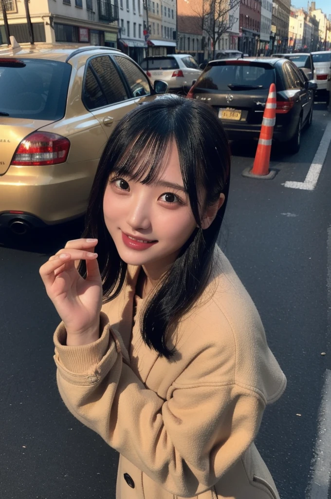 Candid photo of yurayura_yuuura,  with captivating
eyes, smiling amidst a bustling city, upper body
framing, in a street photography setting, golden hour
lighting:1.3), shot at eye level, on a Fujifilm X-T4
with a 50mm lens, in the style of Alfred Stieglitz
