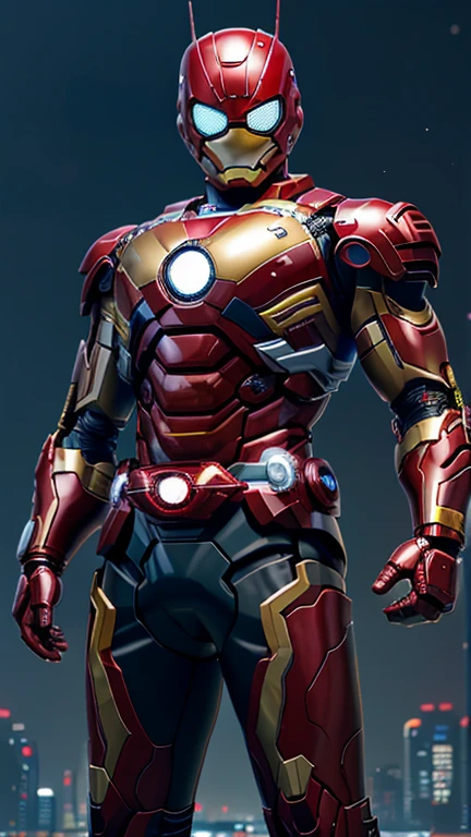 (8k),(masterpiece),(Japanese),(8-year-old boy),((innocent look)),((Childish)),From the front,smile,cute,Innocent,Kind eyes,Flat chest, red helmet, yellow domino mask,Iron Man,Bald,No Hair, Henshin Pose,night,dark, Neon light cyberpunk city,Kamen rider,camisa