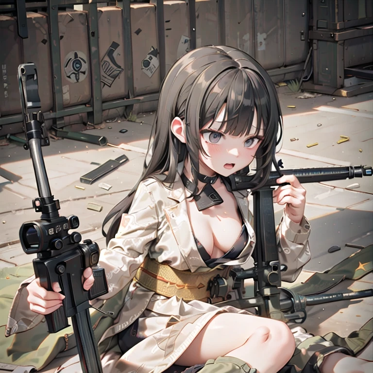 (Fox Girl, Fox Ears, Black colored hair, Fox Makeup, One Girl, Long Hair:1.6), (kimono, Kimono with open chest, A beautiful kimono with red and black patterns, I can see her cleavage, Open chest, Exposed skin:1.8), (Body measurements are 75-60-75!, Young girl body, Small breasts, Small breasts, Emphasize the chest, Sniper, Prone, 50caliber, Have a weapon, sniper rifle:1.9), Avatar, face, lewd face, Dominant representation, naughty face, Uplifting, Skin Texture, outside, Grassy field