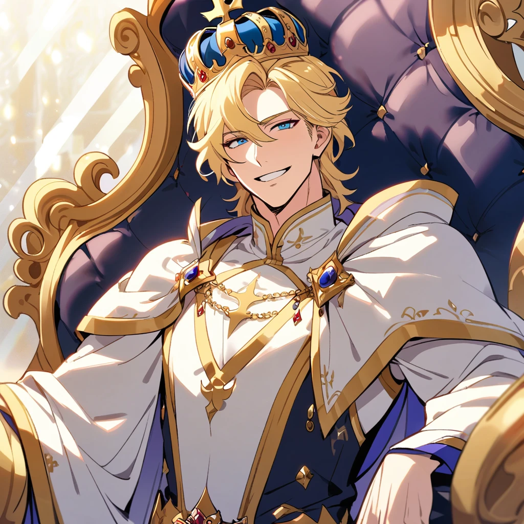 male, handsome, smilling, blond hair,blue eyes, god, prince, experinced, crown, mature