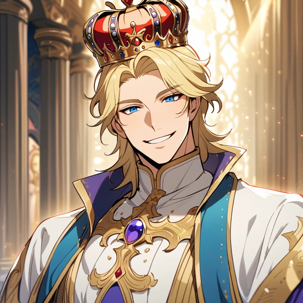 male, handsome, smilling, blond hair,blue eyes, god, prince, experinced, crown, mature