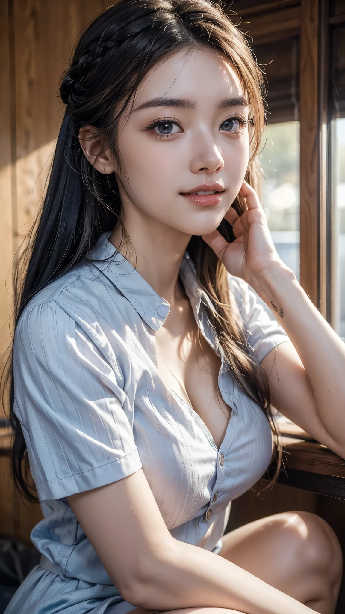 (masterpiece:1.3), (8K, Photorealistic, Raw photo, Best image quality: 1.4), Japanese girl、((Portrait taken from below:1.3,)),(Smiling with teeth showing、Color contact lenses blue)),(Braided Hairstyles:1.4,Silver Hair Color)、Cleavage:1.2、Nipple erection,Super detailed face、Attention to detail、double eyelid、Put your chest together、