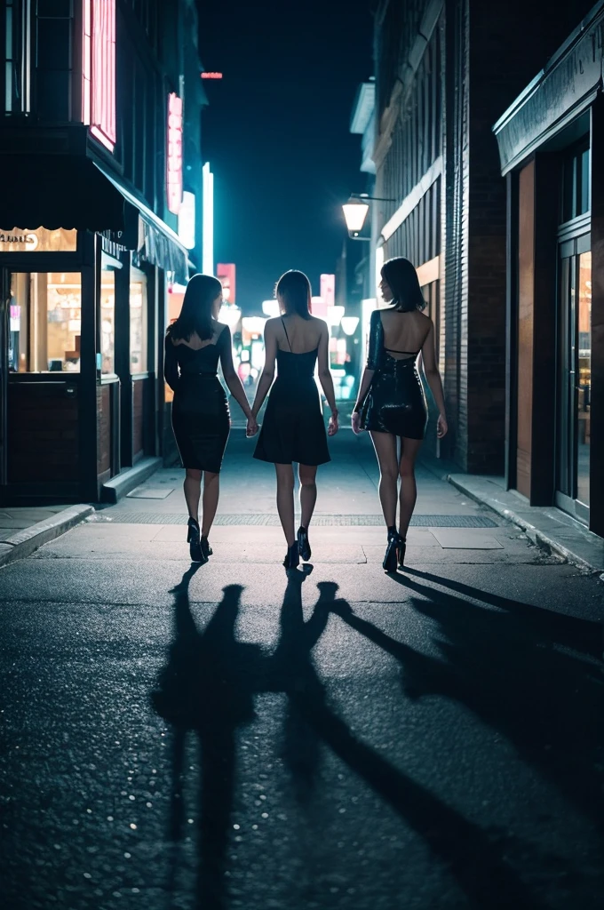 Three pretty, beautiful women in sexy black clothing are walking backwards, disappearing into a night cityscape. The scene is melancholic and introspective, with long shots and fade-outs creating a sense of closure. The background is a starry and moonlit cityscape at night.