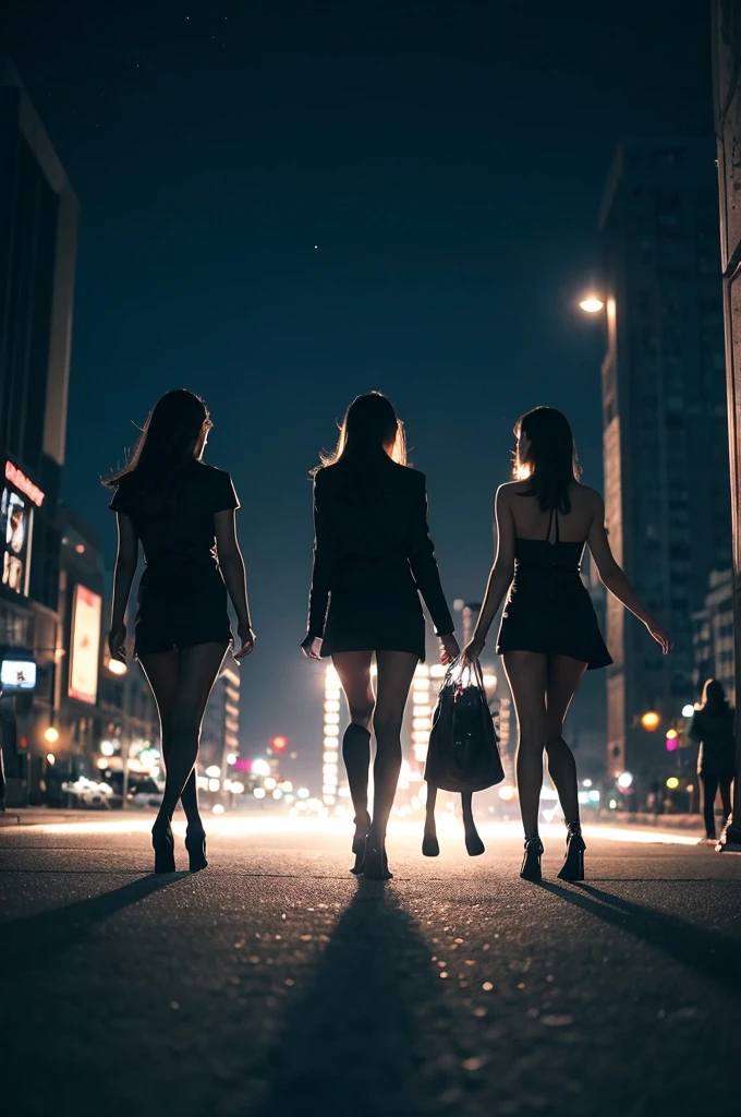 Three pretty, beautiful women in sexy black clothing are walking backwards, disappearing into a night cityscape. The scene is melancholic and introspective, with long shots and fade-outs creating a sense of closure. The background is a starry and moonlit cityscape at night.
