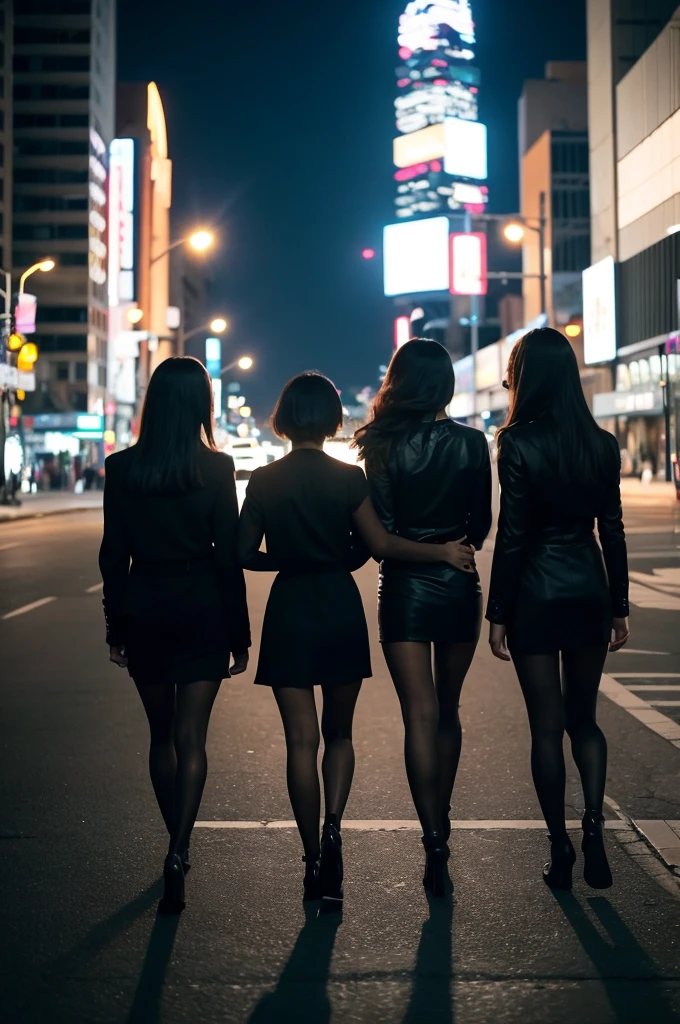 Three pretty, beautiful women in sexy black clothing are walking backwards, disappearing into a night cityscape. The scene is melancholic and introspective, with long shots and fade-outs creating a sense of closure. The background is a starry and moonlit cityscape at night.