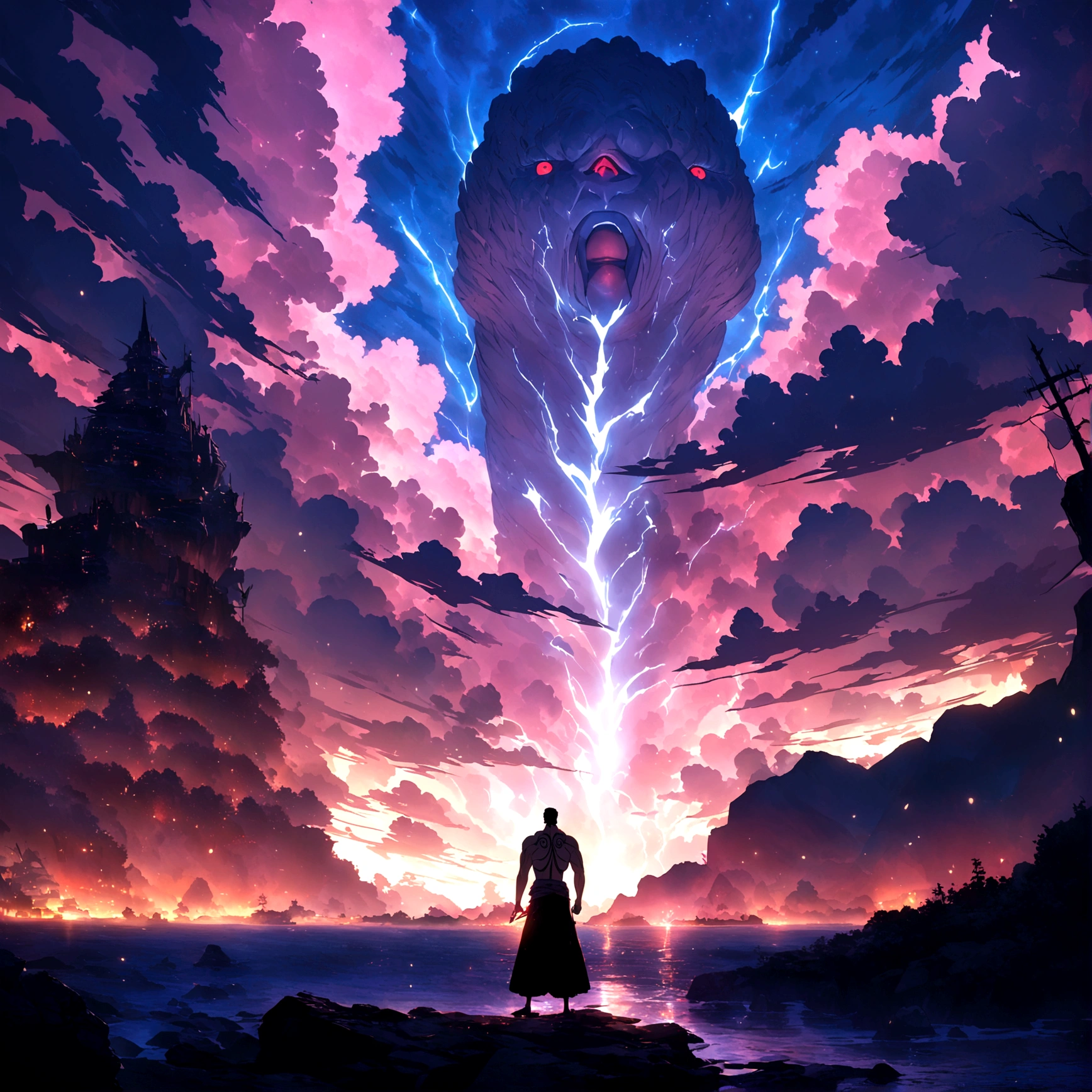 Man, muscular body, red eye, green earring, purple hair, body tattoos, smoking a cigarette, "One Piece-inspired anime features, drenched in dramatic and incredible lighting, dramatic lighting, infused with creative details, ultra-fine 2D design, scenery bathed in creativity, bathed in creativity, boasting HD anime resolution clarity, HD anime graphics, high-octane rendering"