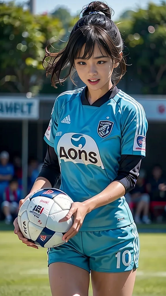 Highest quality, High resolution:1.2, Super detailed, Realistic:1.3, ((Beautiful woman))、((Ultra tight uniform))、Big Breasts、Vibrant colors, play soccer,((blunt bangs))、Has bangs、Wet Hair, Concentration, Splash, Action Shots, Grass blotches, Muddy ground, Wet turf, Decide, Fast-paced games, Athletic physique, Shiny soccer ball, Wet uniform, raindrop, Blurred motion, Focus on the ball, Intense competition, Skillful dribbling, Energetic play, Teamwork, powerful shoots, Wet pitch, Passionate sports, Fierce Decide, Humid atmosphere, Fluid movement, emotional expression、Dramatic lighting, Women's Sports, Avid athletes, Exciting Games, endure, Excited state, Speed and agility, Energetic play, 濡れたSplash、smile、