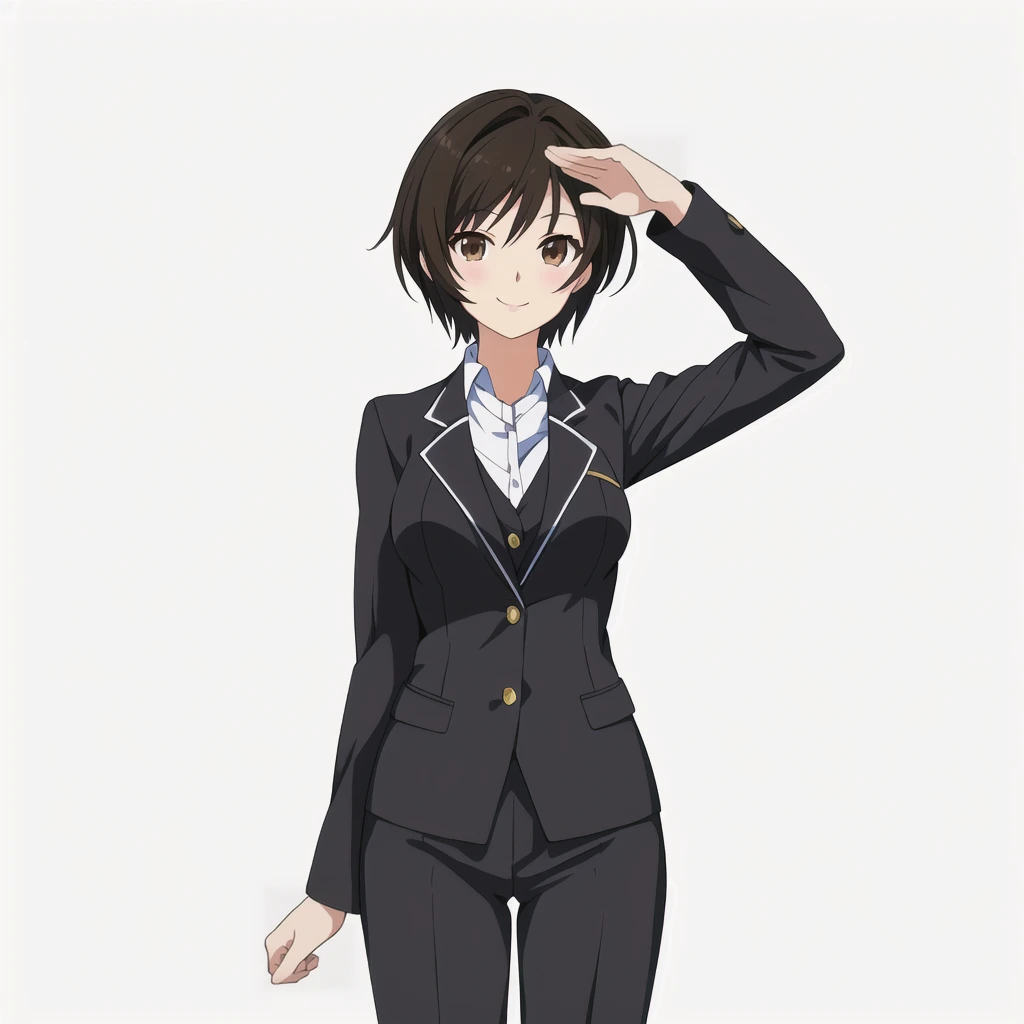 Highest quality, high resolution, High quality anime art style, Official Art, Smooth anime CG art, Stylized anime, Visual Novel Sprites, White background, whole body, Anime-style 3D, Smooth anime CG art, humanoid woman, JRPG Characters, Anime woman in a business suit, Saluting with left hand, smile, Brown eyes, Black Hair, short hair, Age 25