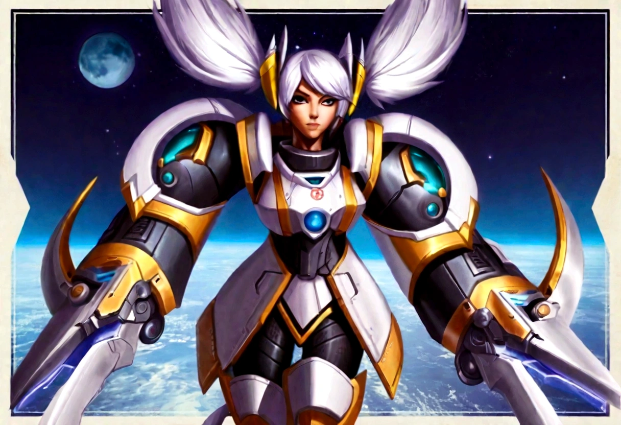 A giant mecha (vaguely female form, heavy battered armor, carrying a melee weapon, twintails, white with a random off color trim) powered by hope and love, posing on the moon