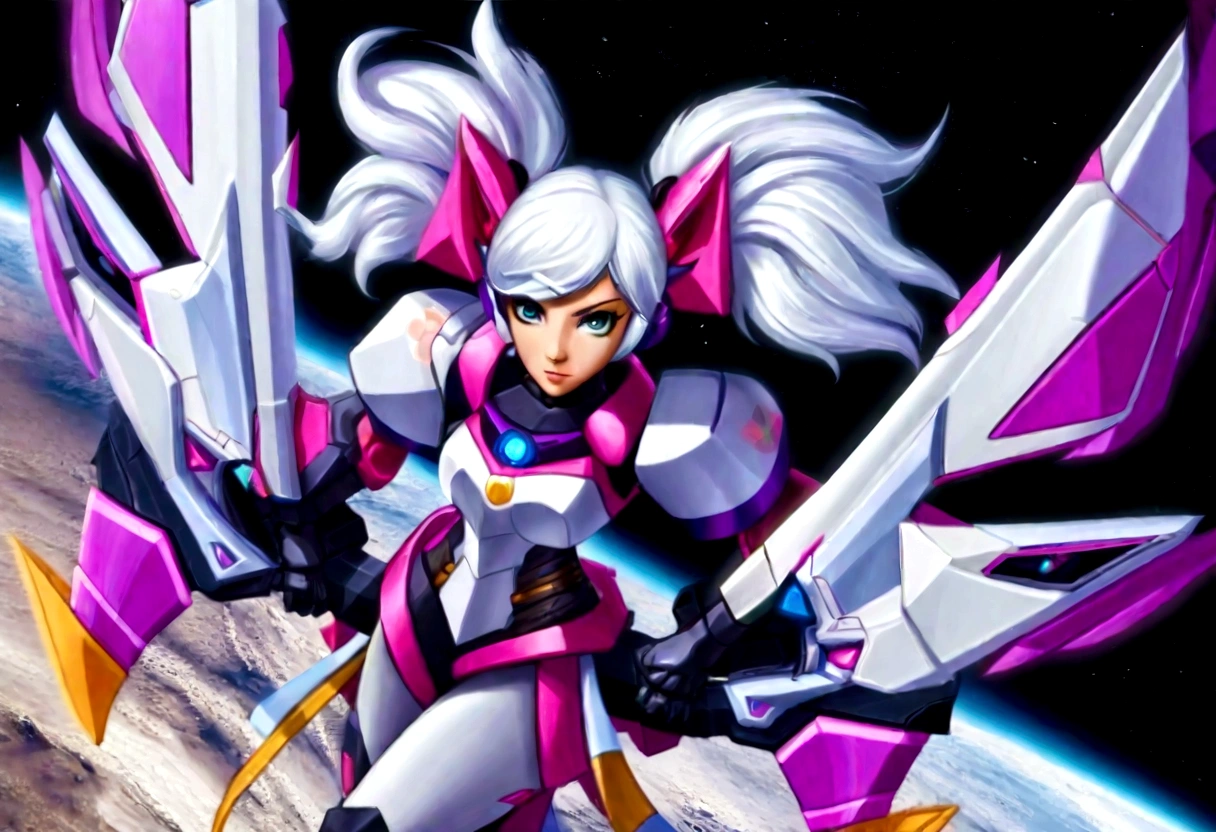 A giant mecha (vaguely female form, heavy battered armor, carrying a melee weapon, twintails, white with a random off color trim) powered by hope and love, posing on the moon