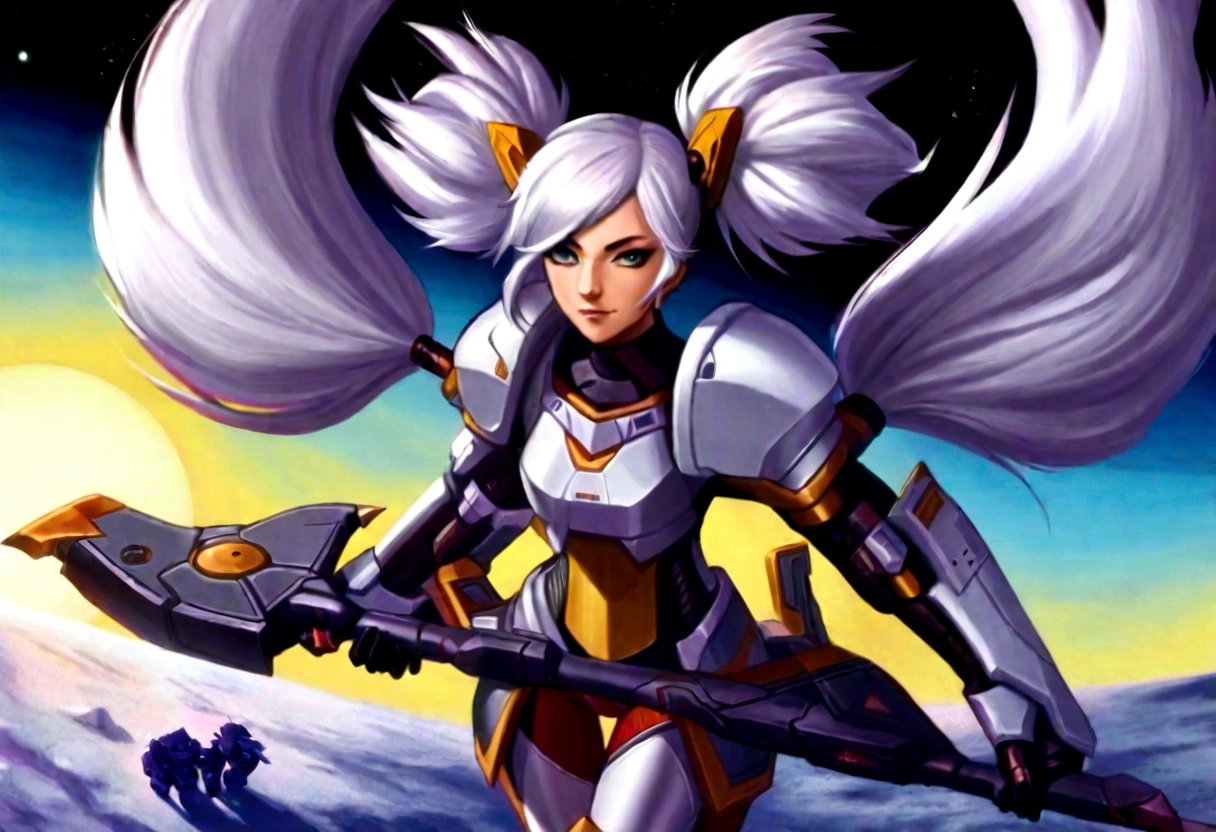 A giant mecha (vaguely female form, heavy battered armor, carrying a melee weapon, twintails, white with a random off color trim) powered by hope and love, posing on the moon