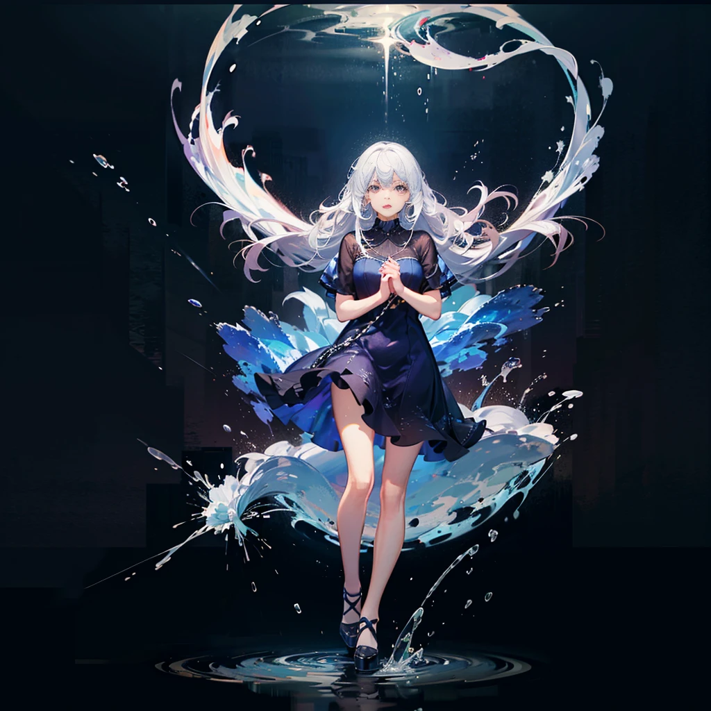 Full Body Shot, (Abstract Art:1.5), (Soft light, soft glow:0.8), 1girl in, Silver long hair, Dark eyes, Perfect Skin, Perfect face, Wear Light-Blue Dress, Wet dress, Night, A sexy, look at viewer, (A powerful water ball in her hand, water and thunder whirling around ball), tranquil atmosphere,liquids:1.3, Floating in the sea,Satisfied face, (Water heavy whirling around girl, around hands and body, splash)