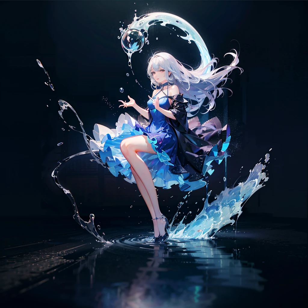 Full Body Shot, (Abstract Art:1.5), (Soft light, soft glow:0.8), 1girl in, Silver long hair, Dark eyes, Perfect Skin, Perfect face, Wear Light-Blue Dress, Wet dress, Night, A sexy, look at viewer, (A powerful water ball in her hand, water and thunder whirling around ball), tranquil atmosphere,liquids:1.3, Floating in the sea,Satisfied face, (Water heavy whirling around girl, around hands and body, splash)