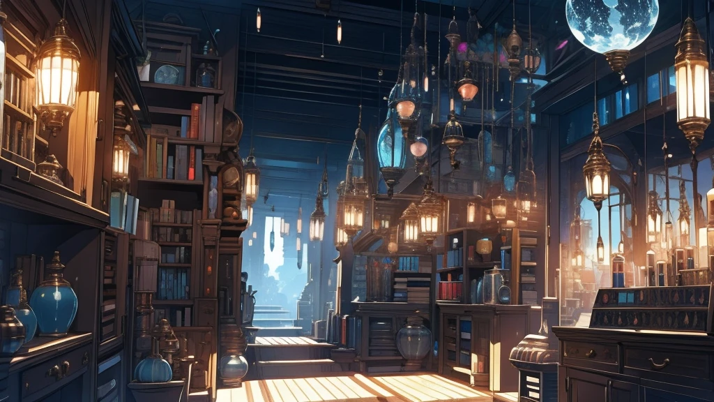 Fantasy Library interior, Many items at night, bookshelf, Magic Items, corridor